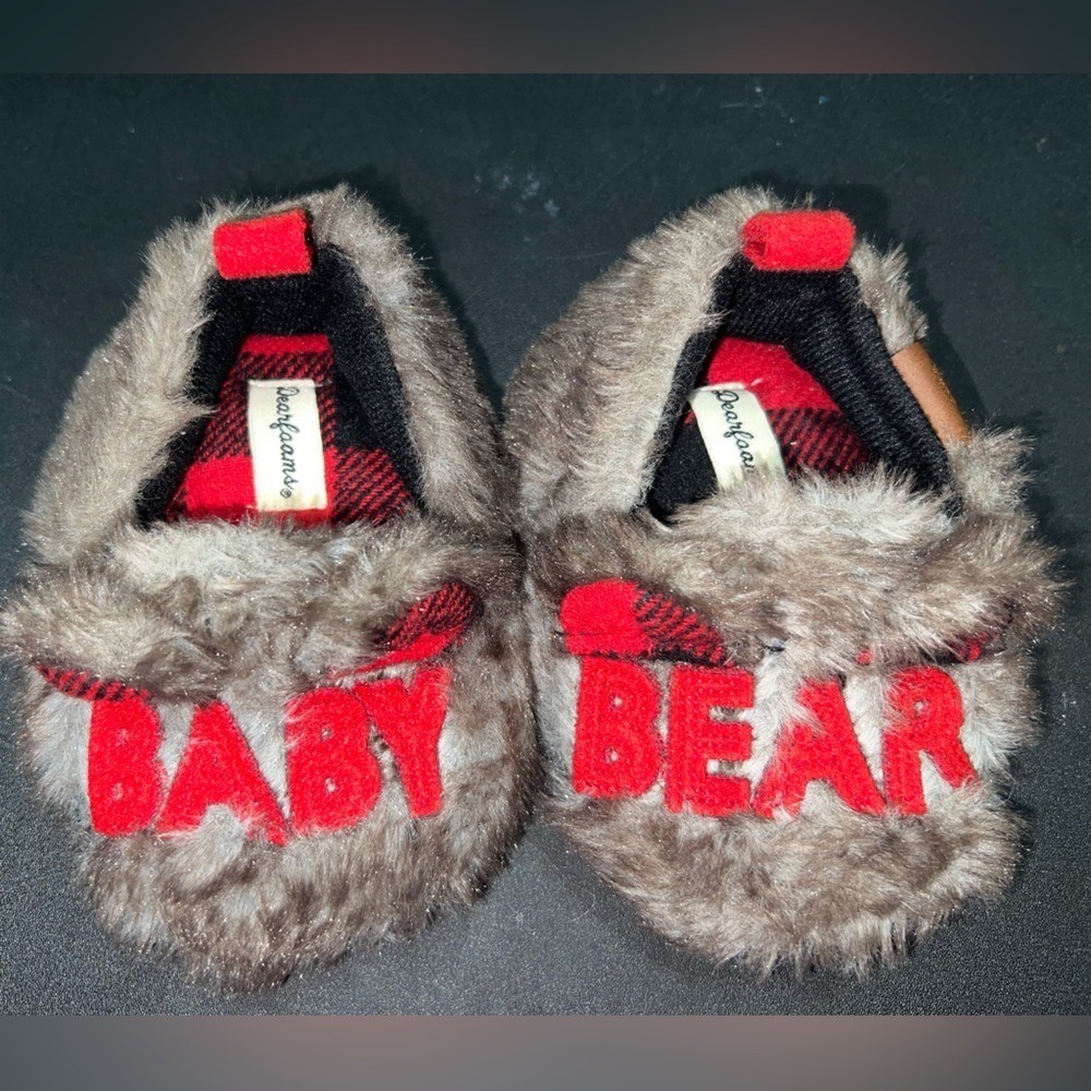 boy girl 9-12 month slippers Dearfoam Brown and Red Baby Bear Slippers